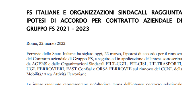 Per una storia della contrattazione collettiva in Italia/96 – I rinnovi del CCNL Mobilità/AF e dell’integrativo del Gruppo FS: superare la pandemia per guardare al futuro
