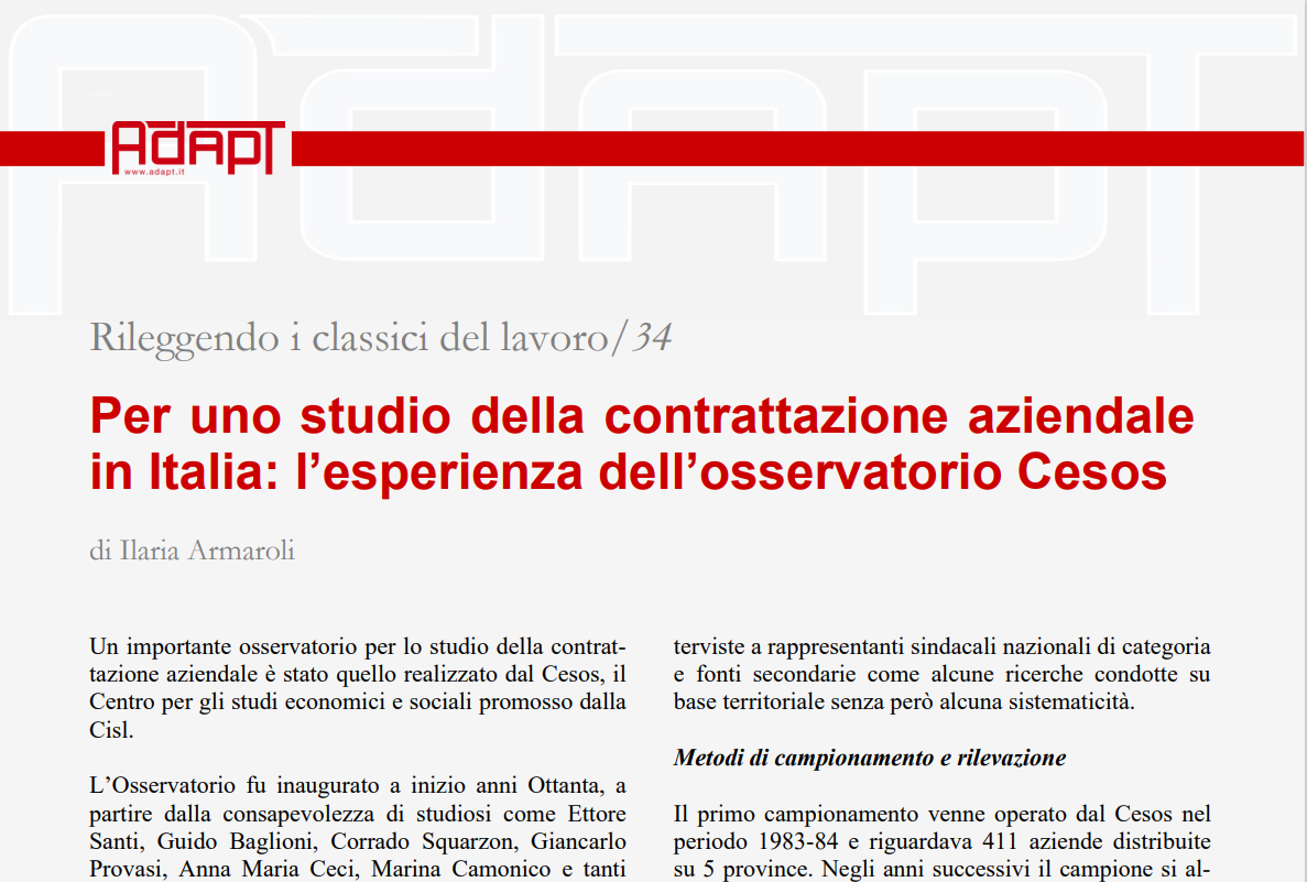 Rileggendo i classici del lavoro/34 – Per uno studio della contrattazione aziendale in Italia: l’esperienza dell’osservatorio Cesos